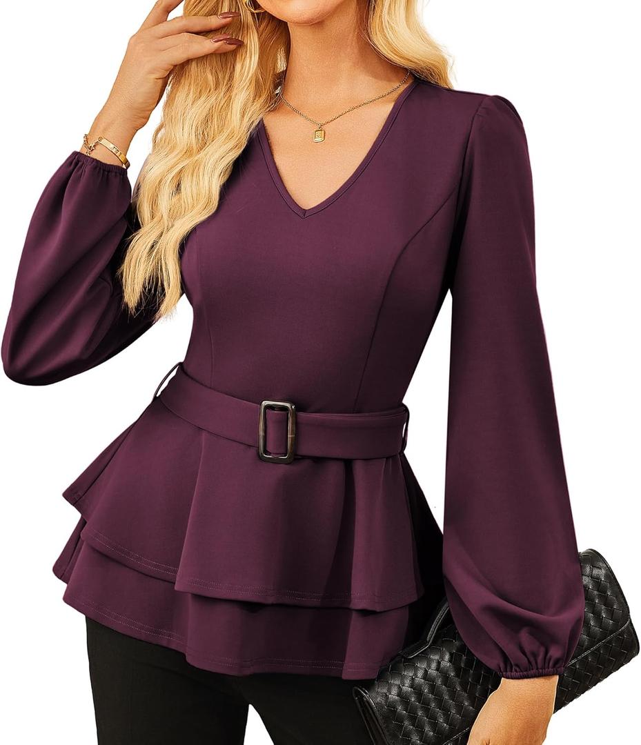 GRACE KARIN Women Work Peplum Tops,Long Sleeve Dressy Casual Blouses,V Neck Business Shirt Fall Outfits with Belt (X-Large, Dark Red)