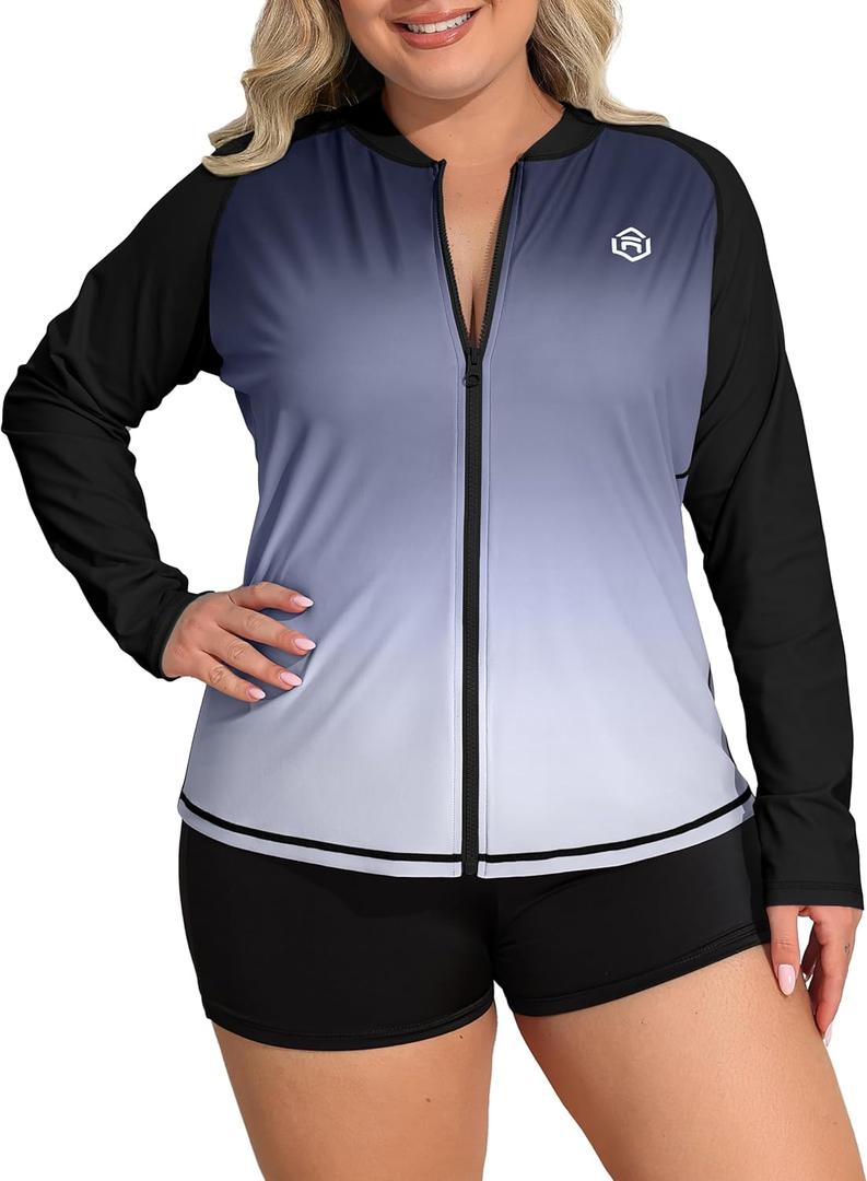 ATTRACO Women's Long Sleeve Rash Guard UV Sun Protection Zipper Gradient Swimsuit Top (1X)