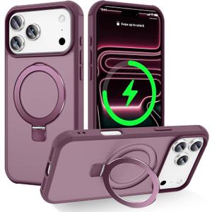 Magnetic Compatible with iPhone 17 Pro Max Case with Stand [Military Grade Drop Tested][Compatible with Magnet] Ring Translucent Slim Hard Back Soft Edge, Wine Red