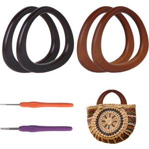 Hilltian 4+2 PCS D Shape Purse Handles with Crochet Hooks, Wooden Bag Handles for Handmade Crochet Bag, Purse Making Supplies, 2 Colors