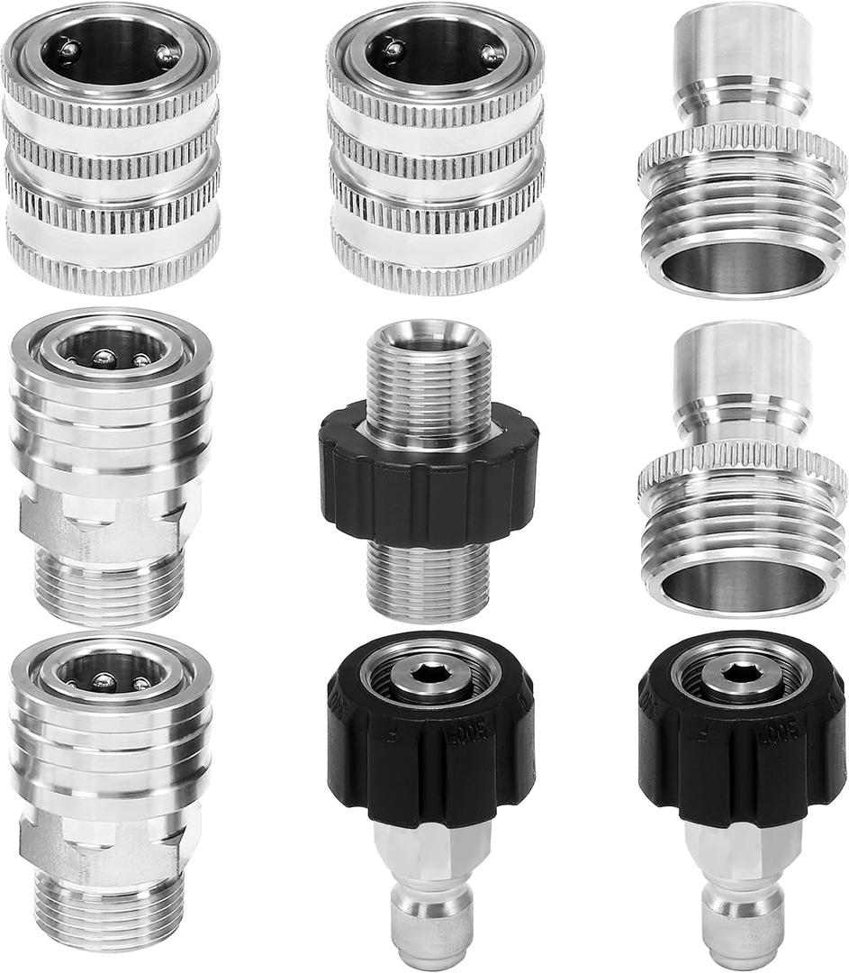Tool Daily Pressure Washer Adapter Set, M22 to 3/8 Inch Quick Connect, 3/4 Inch to Quick Disconnect, Male M22 Hose Adapter, Stainless Steel, 9-Pack
