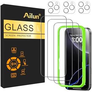 Ailun 3 Pack Screen Protector for iPhone 16 Pro [6.3 inch] + 3 Pack Camera Lens Protector with Installation Frame,Case Friendly Tempered Glass Film,[9H Hardness][Not for iPhone 16e/16/16 Plus/Pro Max]