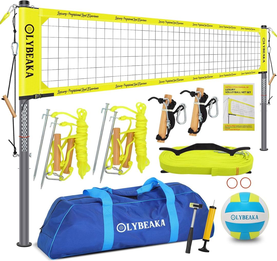 Heavy Duty Professional Volleyball Net Set for Outdoor Backyard Beach with Tetoron Net, 2" Adjustable Aluminum Poles, 2 Tension Adjusters, PU Volleyball and Pump, Carry Bag, 32ft