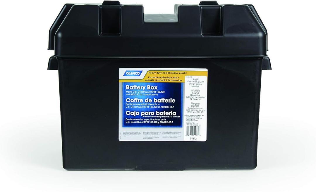 Camco Large Battery Box with Straps and Hardware - Group 27, 30, 31 |Safely Stores RV, Automotive, and Marine Batteries | Measures Inside 7-1/4" x 13-1/4" x 8-5/8" | (55373), Black (Large Battery Box)