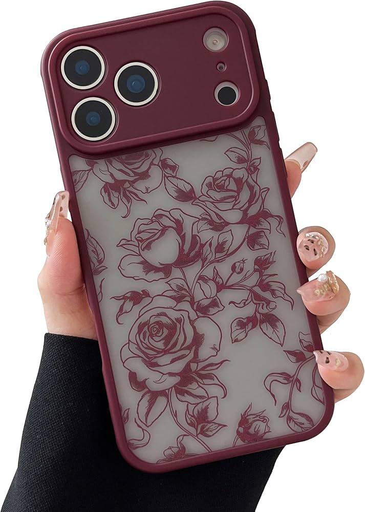 XIZYO Case for iPhone 17 Pro, Cute Frosted Translucent Rose Floral Flower Pattern Shockproof Cover, for Girls Women Luxury Aesthetic Soft TPU Protective Phone Case, Branch Rose/Wine Red