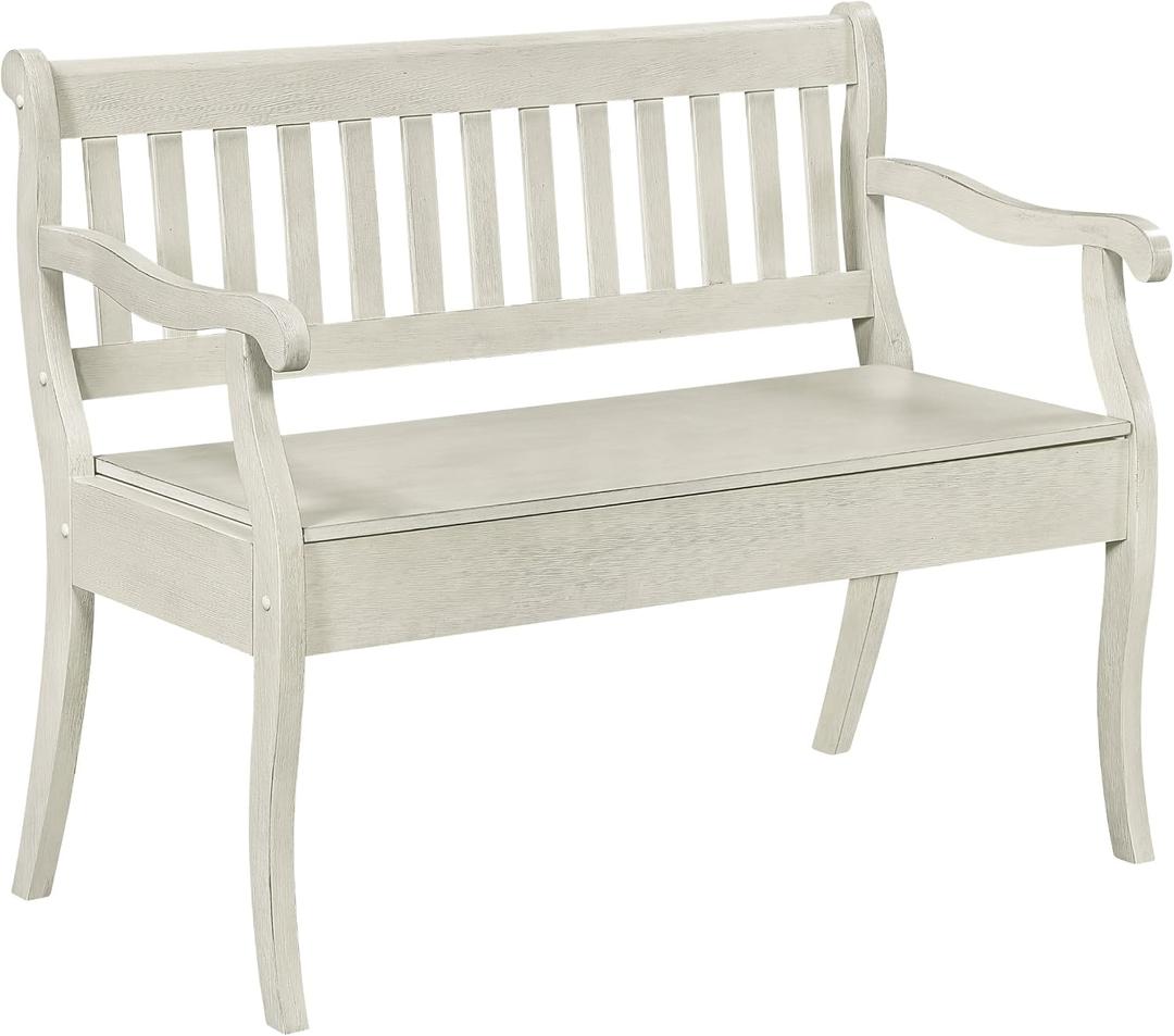 OSP Home Furnishings Wakefield Country Style Wood Storage Bench with Scrolled Arms and Hidden Storage, White, 42.75 Inches X 22.75 Inches X 35.5 Inches