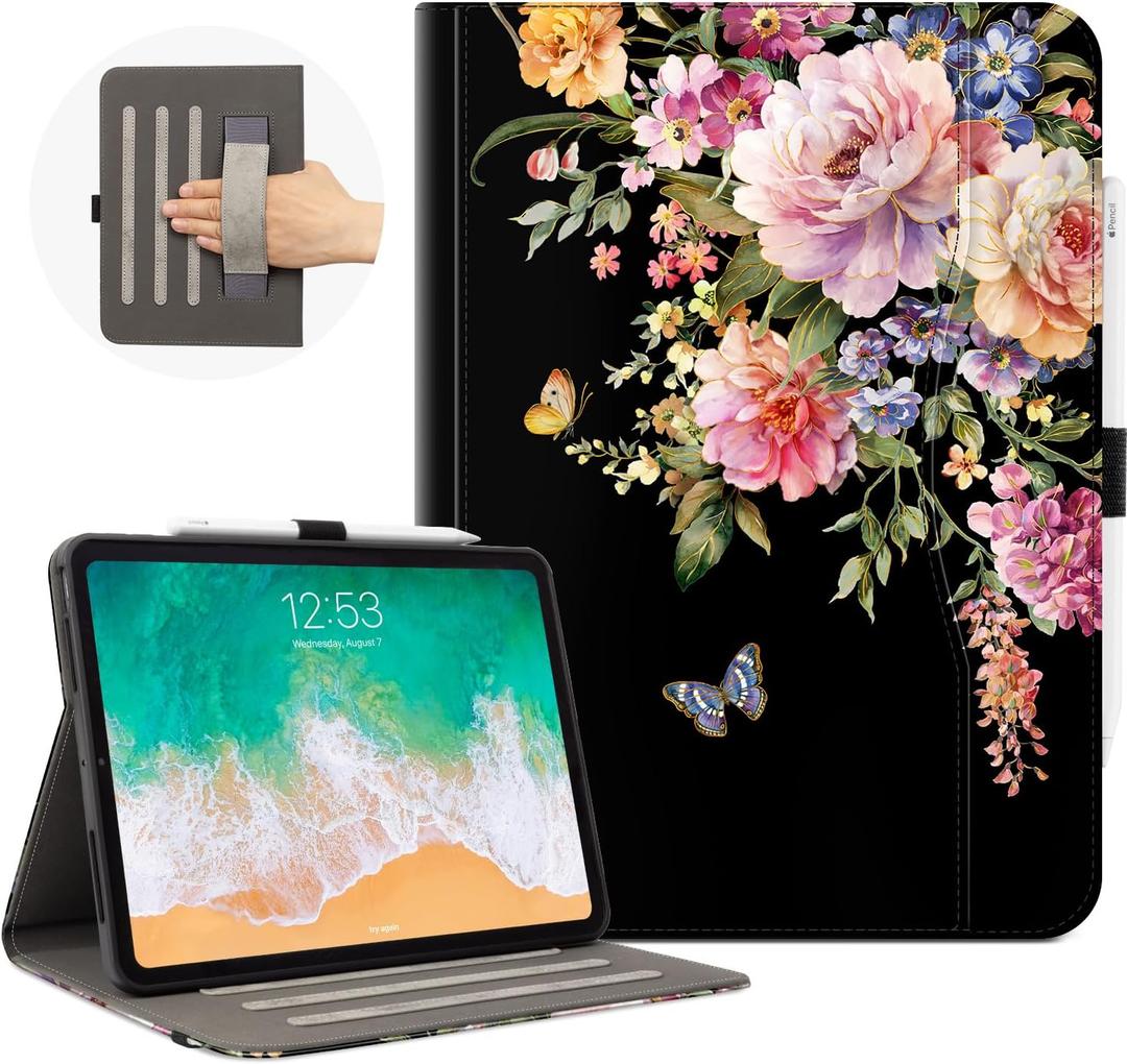 Vimorco for iPad Pro 11 Inch Case M5/M4 2025/2024, Pink Flower for iPad Pro Case 11 Inch M5/M4 for Girls & Women, Pencil Holder/Hand Strap/Pocket, Adjustable Angle, Auto Sleep/Wake, Floral Butterfly