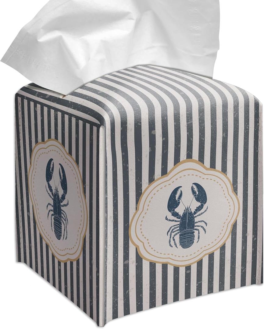 Grace Yonks Cute Coastal Lobster Tissue Box Cover Square, Kitchen Striped Cube Case for Facial Tissues, 5.2" PU Leather(070)