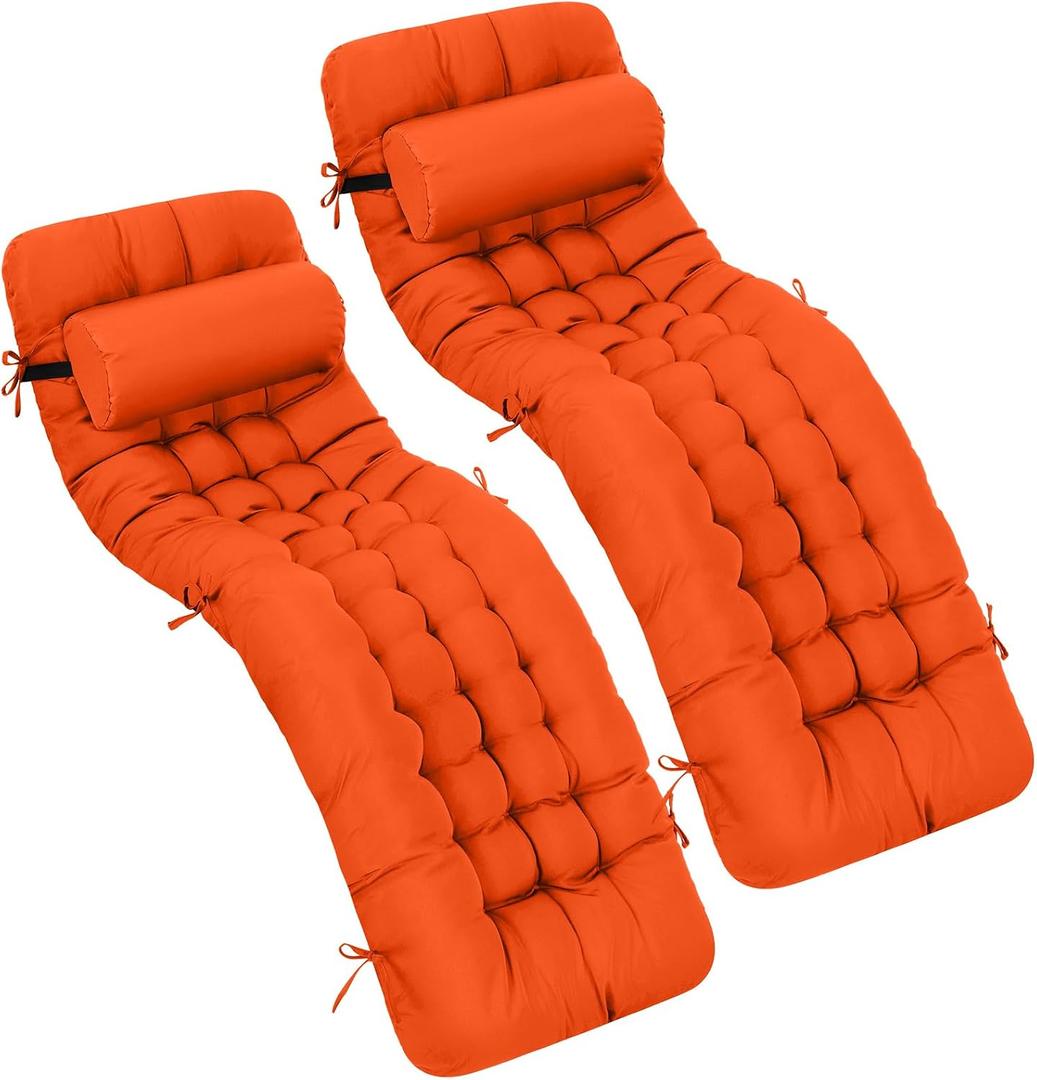 Tudomro 66'' Outdoor Chaise Lounge Cushion Waterproof Patio Pool Chaise Lounge Cushion with Headrest Pillow Tie Fade Resistant Replacement Longue Rocking High Back Chair(Orange,2 Pcs), 66 x 20.9 x 3.9 inches