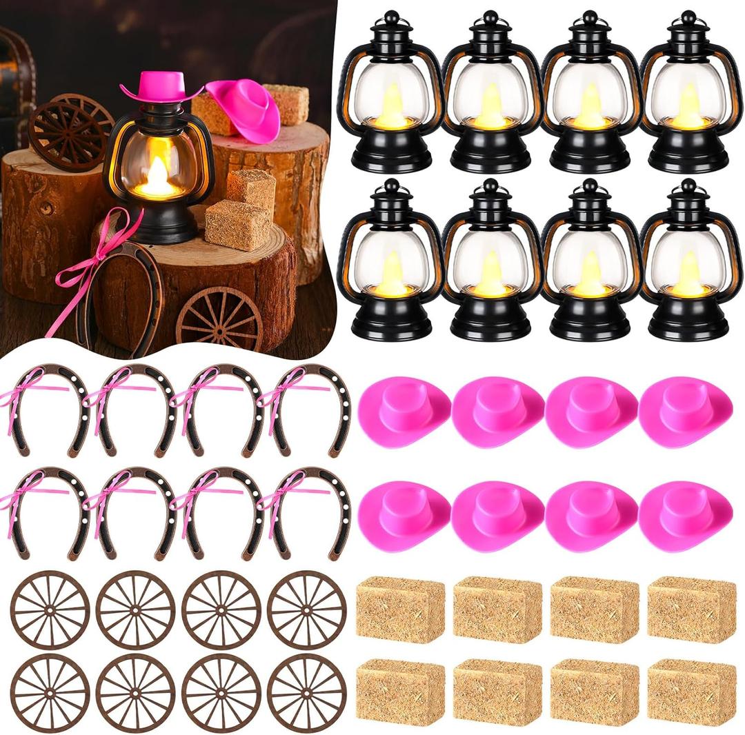 Ferraycle 60 Pcs Cowboy Theme Party Decoration Western Party Decor Rodeo Table Centerpieces Rustic Country Mini Cowboy Hat Lantern Horseshoe Wagon Wheel Hay Bales for Adult Cowgirl (Pink)