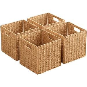 Foldable Storage Baskets with Handles Paper Rope Storage Baskets Rectangle Collapsible Hand Woven Storage Cubes Bins for Organizing Shelves Living Room Bedroom Pantry (4, 11'' x 11'' x 11'') (Natural)
