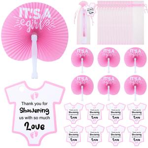 Redbaker 50 Sets Baby Shower Folding Handheld Fans Girl Boy Paper Round Shaped Accordion Fans with Baby Shower Favor Tags and Organza Bags for Guests Gender Reveal Party Favors Gifts (Pink)