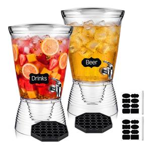 Nuenen 2 Sets of 2.6 Gallon Beverage Dispensers for Parties, Clear Plastic Drink Juice Dispensers with Spigot and Drip Tray Beverage Water Fountains for Wedding Birthday Party Cold Hot Drinks