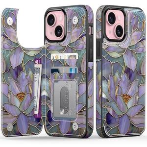 FUNMIKO for iPhone 13 Wallet Case with Card Holder, RFID-Blocking, Military-Grade Protection & UV-Printed Artwork, Magnetic Closure with Leather Kickstand - Dreamy Lotus
