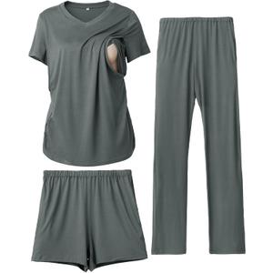 Rnxrbb 3 Piece Women's Maternity Nursing Pajamas Set V Neck Breastfeeding Pjs Sleepwear Postpartum Shorts&Pants Pockets (Medium, Cyangray)