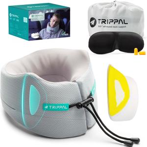 TripPal Airplane Sleeping Travel Pillow: 360° Chin & Neck Support with Flat Back for Side Sleepers on Longhaul Flights DualDensity Memory Foam (8lb NonCollapsing) to Prevent Head Bobbing, Gray