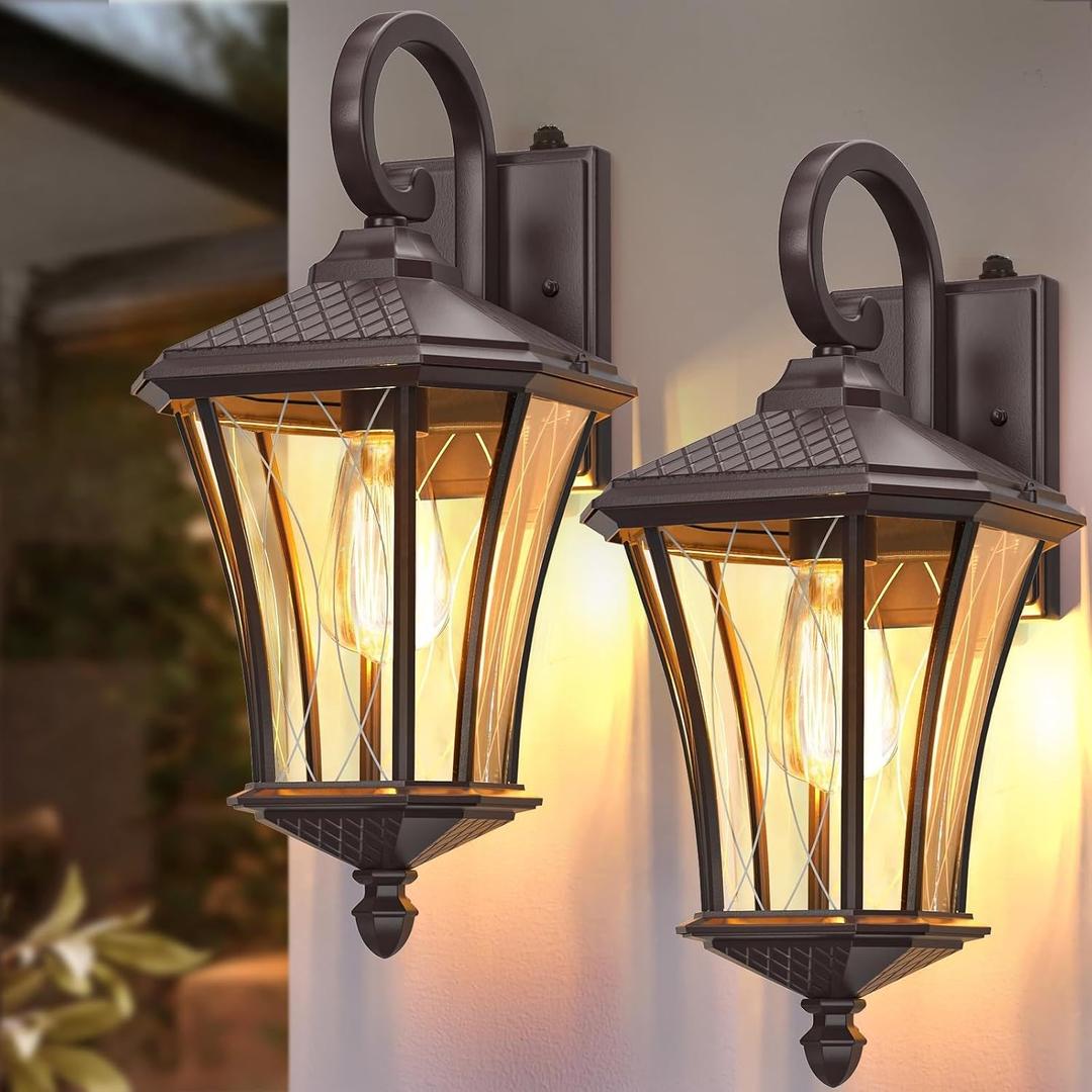 YSN 2 Pack Dusk to Dawn Outdoor Light Fixture Wall Mount Porch Lights Weather Resistant Exterior Sconce Light, Waterproof Wall Lantern for Porch, Garage, Backyard, Walkway, E26 Socket, Brown