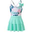 2 x Toddler Girls One Piece Swimsuits Little Girl Bathing Suit for Kids Crisscross Girls' Swimwear Floral Cute Hawaii Swimsuit 3-4T with Ruffle Skirt Light Cyan