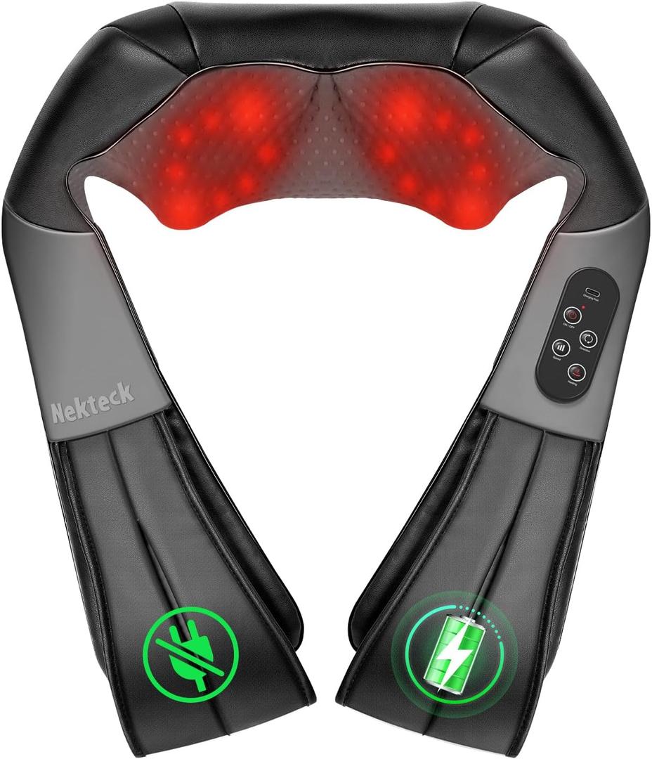 Nekteck Shiatsu Neck Massager with Heat for Pain Relief Deep Tissue, 2026 Upgraded 3D Back Shoulder Kneading Massage Pillow, Body Muscle Relaxation Tools Gifts for Him Her, Black (Cordless)