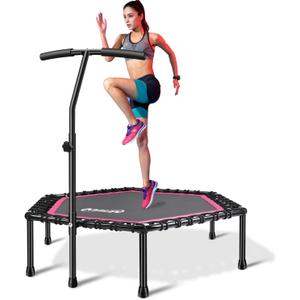 Newan 48'' Fitness Trampoline with Adjustable Handle Bar, Silent Trampoline Bungee Rebounder Jumping Cardio Trainer Workout for Adults - Max Limit 330 lbs (Pink)