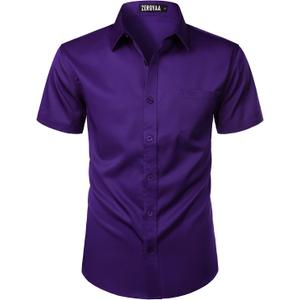 ZEROYAA Men's Casual Urban Stylish Slim Fit Short Sleeve Button Up Dress Shirt with Pocket (Large, Purple)