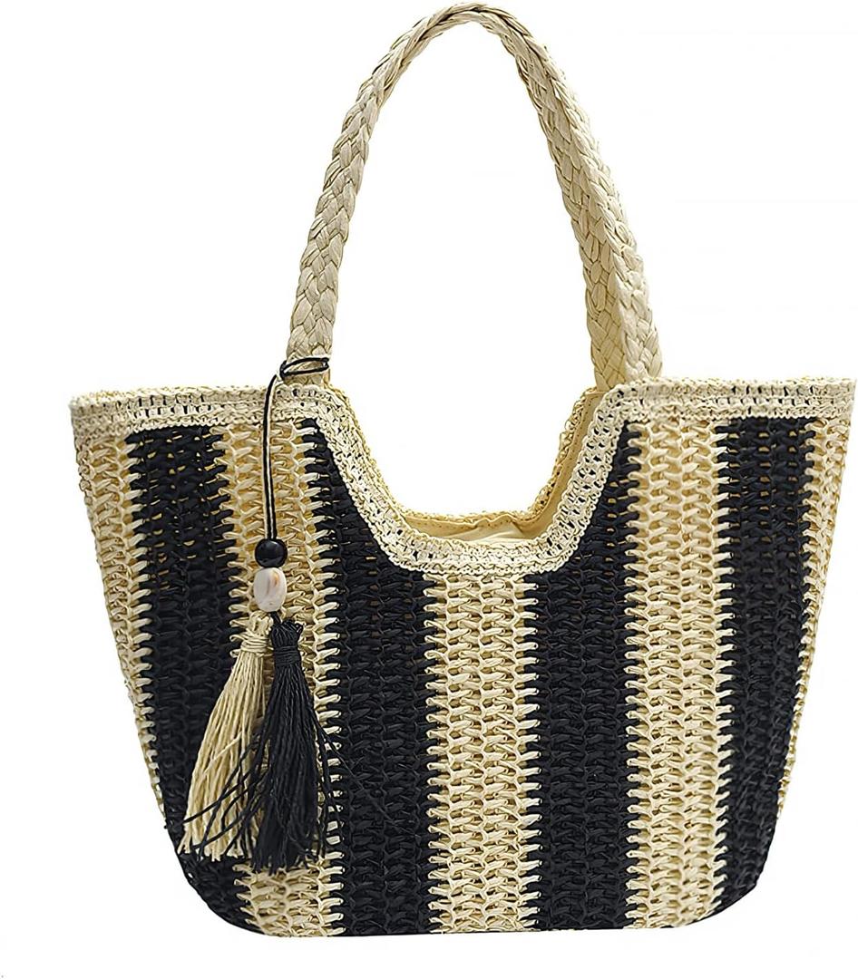 Long Keeper Women Straw Beach Bag Large Weave Tote Bags Summer Boho Shoulder Bag Woven Handbag for Travel Vacation Shopping , Black