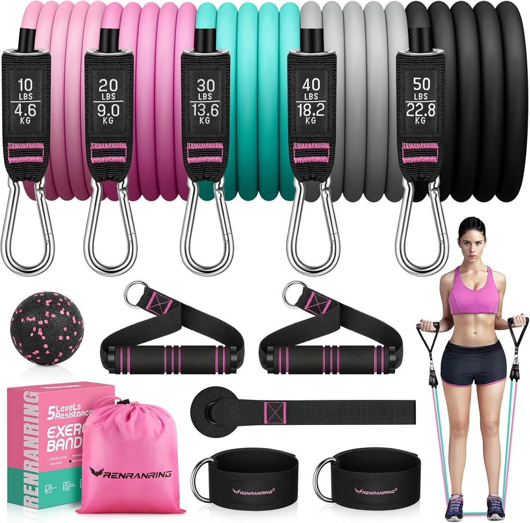 RENRANRING Resistance Bands for Working Out, 150LBS Exercise Bands, Workout Bands, Resistance Bands Set with Handles for Men Women, Legs Ankle Straps (51.0 Inch, Black, Gray, Blue, Medium pink, Pink)