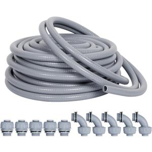 Liquid-Tight Conduit and Connector Kit 1/2inch 25ft, Flexible Non Metallic Liquid Tight Electrical Conduit w/UL Certification, Electrical Conduit Kit with 5 Straight, 5 Angle Fittings