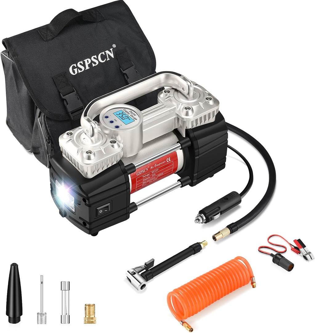 GSPSCN 6X Faster Inflation Portable Digital Car Tire Inflator with Gauge 150Psi Auto Shut-Off, Heavy Duty Double Cylinders 12V Air Compressor Pump with LED Light for Auto,Truck,Car,Bicycles,RV,SUV