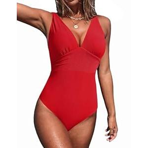 AI'MAGE Women Ribbed One Piece Swimsuit 2025 Swim Suits V Neck Bathing Suits High Cut Adjustable Strap Monokini Swimwear Red M