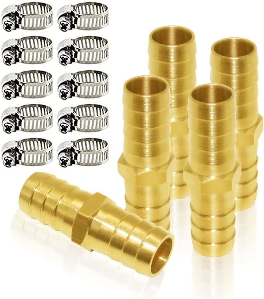 Joywayus 5/8" ID Hose Barb Hex Union Brass Fitting Water/Fuel/Air with 10 Stainless Steel Clamps (Pack of 5)