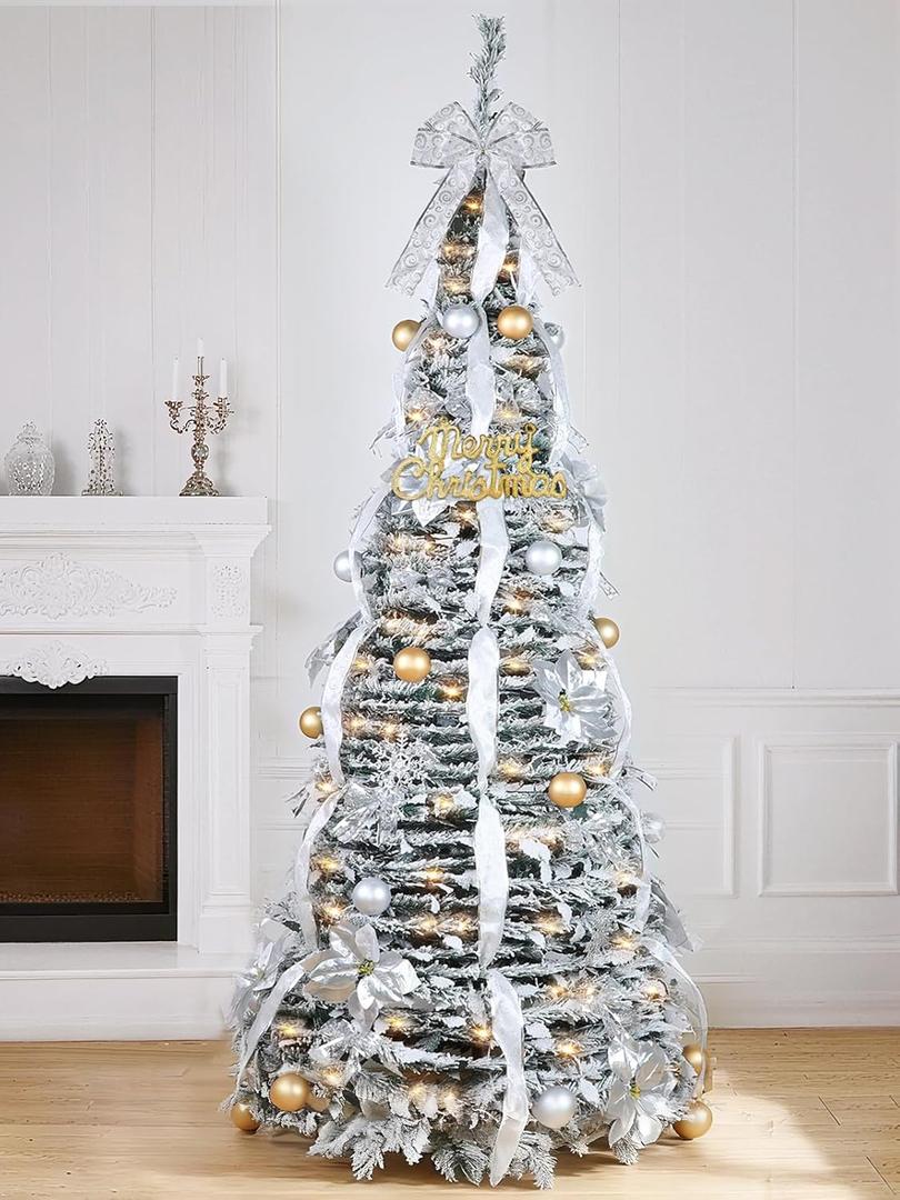 6.5Ft Flocked Pop up Christmas Tree,Prelit 200 LED Lights,1 Minute Pull up,Fully Decorated 86 Ornaments,8 Mode Warm White Light&Timer,Foldable Xmas Tree Fire-Resistant Collapsible Outdoor Indoor Decor