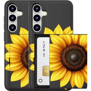 Compatible for Samsung Galaxy S23+ Plus Case with Card Holder Cute - Kawaii Design Military-Grade Drop Protection Rugged Wallet Cases for Women (Black Yellow Sunflower Art)