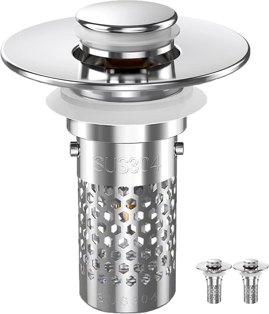 Sink Stopper Hair Catcher, Pop-up Sink Drain Strainer with Removable Stainless Steel Strainer Basket Hair Catcher, Bathroom Sink Strainer for Bathroom Sink Stopper Replacement(2PCS)