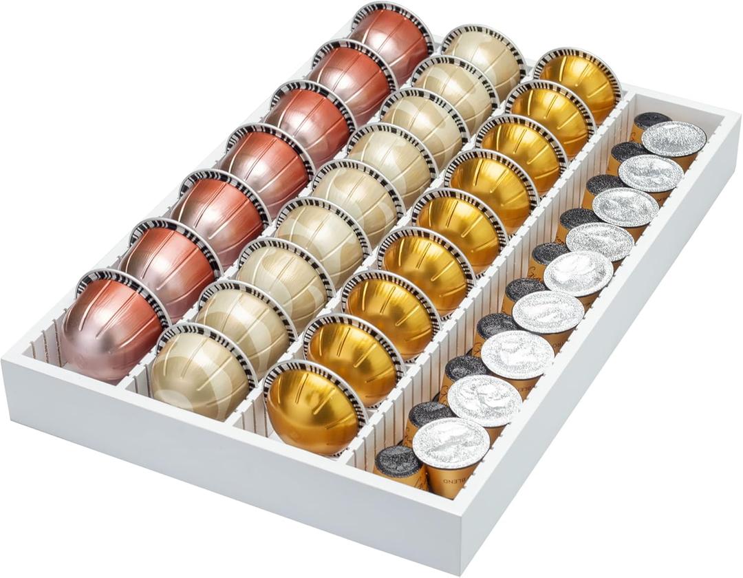MinBoo Bamboo Coffee Pod Storage Holder Drawer Insert for Counter Compatible with Vertuoline Capsules for Kitchen, Home, Office, Coffee Station, White
