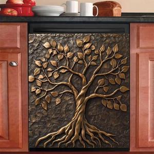 Copper Tree of Life Dishwasher Magnet Cover Kitchen Decorative, 3D Relief Tree of Life Magnet Refrigerator Panel Decal, Dishwasher Sticker Easy to Trim - 23" x 26" Magnetic