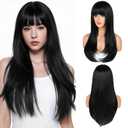 Wig with Bangs Long Straight Wig for Women, Layered Heat Resistant Synthetic Wigs for Daily and Party Use(Black, 26 Inch)