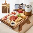 Acacia Wood Couch Arm Table Tray with Charcuterie Board with Phone Holder, Cup Slot & Folding for Wide/Narrow Recliners, Snack Table for Small Spaces TV Entertaining (Natural Wood)