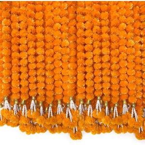 5 PCS Marigold Garland for Decoration 5 feet Long Artificial Marigold Flowers with Bell Indian Decor for Home Pooja Diwali (Orange)