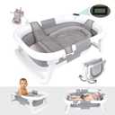 BEBELEH Collapsible Baby Bathtub with Thermometer Bathtub + Baby tub Sling + Newborn Sling Baby Bathtub Newborn to Toddler 0-24 Months The Ultimate Baby Bath Tub! (with Thermometer, Gray)