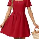 OFEEFAN Women Puff Sleeve Square Neck Tie in Back Dresses with Zipper (Red, XXL)