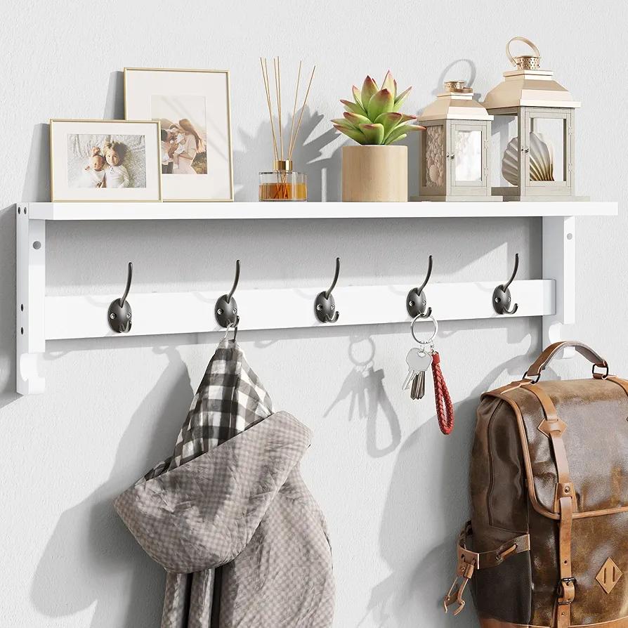 AMBIRD Coat Rack Wall Mount with Shelf, 28.9 Inches Coat Hooks Wall Mounted with 5 Hooks, Hat Wall Hooks for Hanging in Entryway, Living Room, Bathroom, Bedroom (White, 28.9 * 4.5 inches)