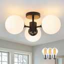 Mid Century Modern Black Semi Flush Mount Ceiling Light 3 Light Frosted Globe Glass Black Chandelier Modern Light Fixtures Ceiling Light Fixture for Bedroom Living Room Entryway (Bulb Incl.) (Opal-Black)