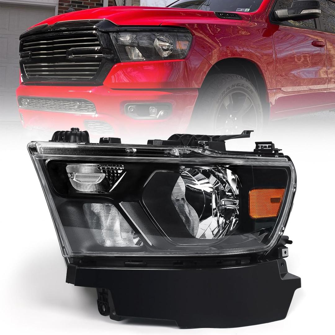 FIONE Halogen Headlights Assembly Compatible with Dodge Ram 1500 2019-2022 Replacement Headlamp with Black Frame Driver Left Side LH 68316087AD 68316087AH
