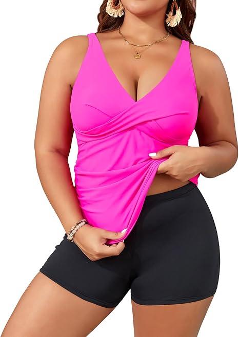 Tankini with Shorts Two Piece Swimsuits Tummy Control Bathing Suits for Women, Large, Hot Pink and Black Tummy