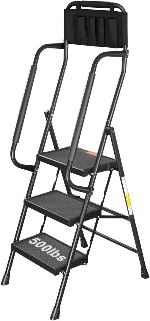Valeo 3 Step Ladder with Handrails,500 Lbs Capacity,Folding Step Stool Ladder with Attachable Tool Bag,Lightweight & Storage Step Ladder 3 Step Folding,Multi-use for Home,Kitchen,Office,Black