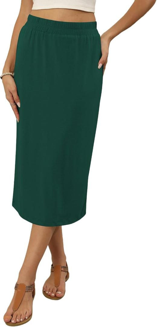 Naggoo Midi Skirts for Women Summer Elastic High Waisted Basic Straight Skirt with Slit (Green, L)