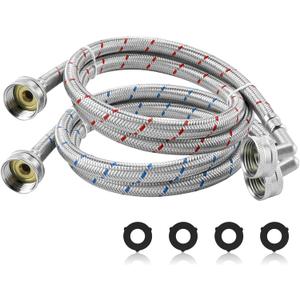 AMI PARTS 4ft Premium Burst-Proof Stainless Steel Washing Machine Hoses With 90 Degree Elbow - Suitable for All Washers - Red and Blue Striped Water Connection Inlet Supply Lines (2 Pack)