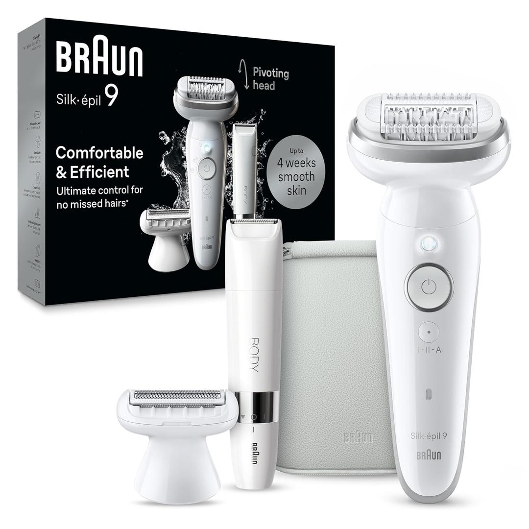 Braun Silk-pil 9 Epilator, Pivoting Head, Wet and Dry, Includes Body Trimmer, Shaver Head and Trimmer Comb, SES9-441