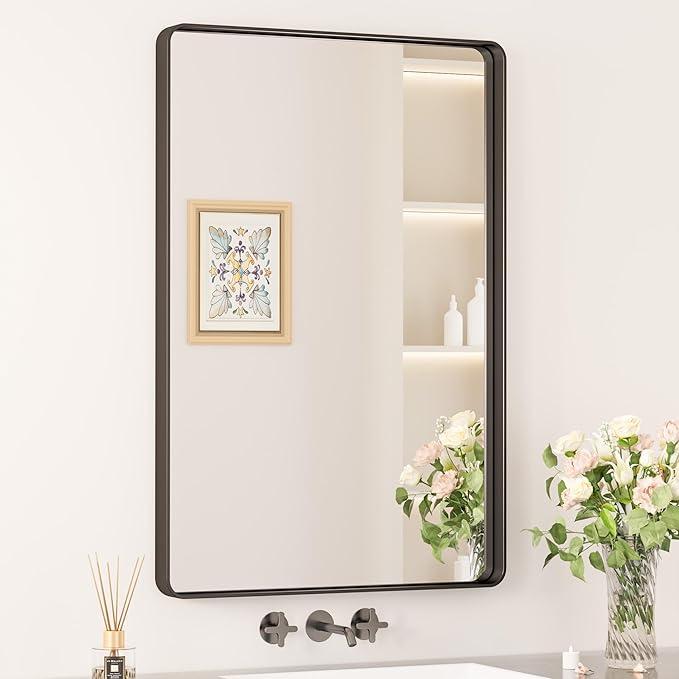 Keonjinn Black Bathroom Mirror for Vanity 24 x 36 Inch Metal Framed Wall Mirror Matte Black Rounded Rectangle Farmhouse Mirror, HD Tempered Glass, Wall-Mounted Decorative Mirror(Horizontal/Vertical)